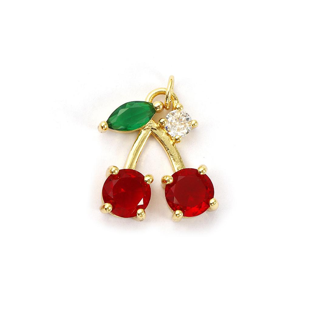 1 Piece Brass Charms 18K Gold Plated Red Cherry Fruit Cubic Zirconia Pendants For Necklace Bracelet Earrings Jewelry Making