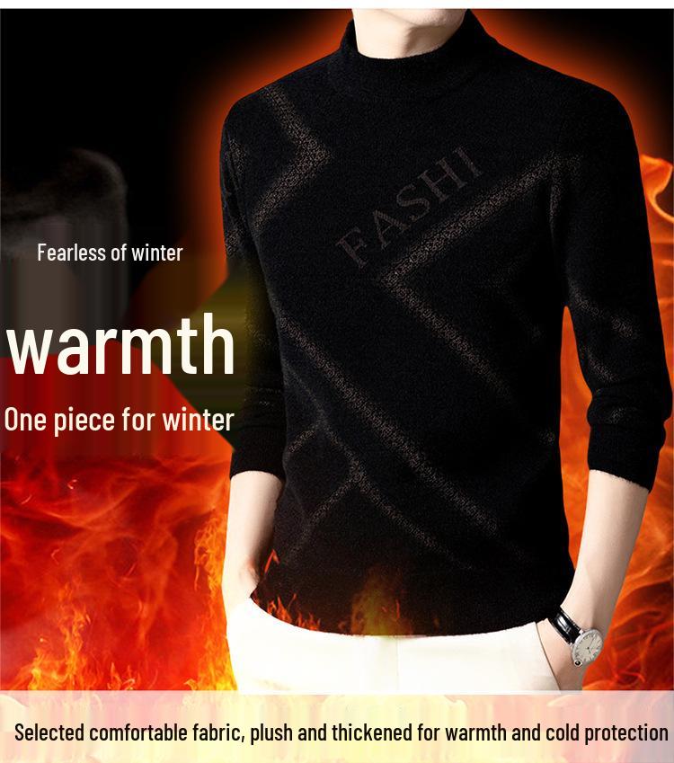 Men's Knit Striped Round Neck Sweater – Thickened Plus Velvet Base Layer for Autumn/Winter