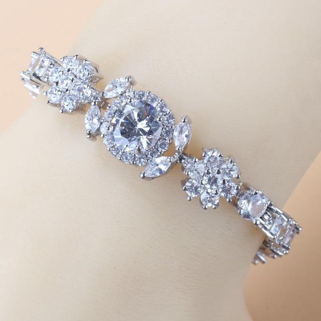 925 Sterling Silver Charm Bracelet Bangle Blue Cubic Zirconia 6-Colors Wedding Jewelry Adjustable Length 18+3CM