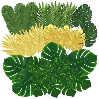 2025+ 100 Pcs Artificial Palm Leaves Tropical Leaves, Leaf Gold and Green Faux Leaves for Hawaiian Party Table Decoration