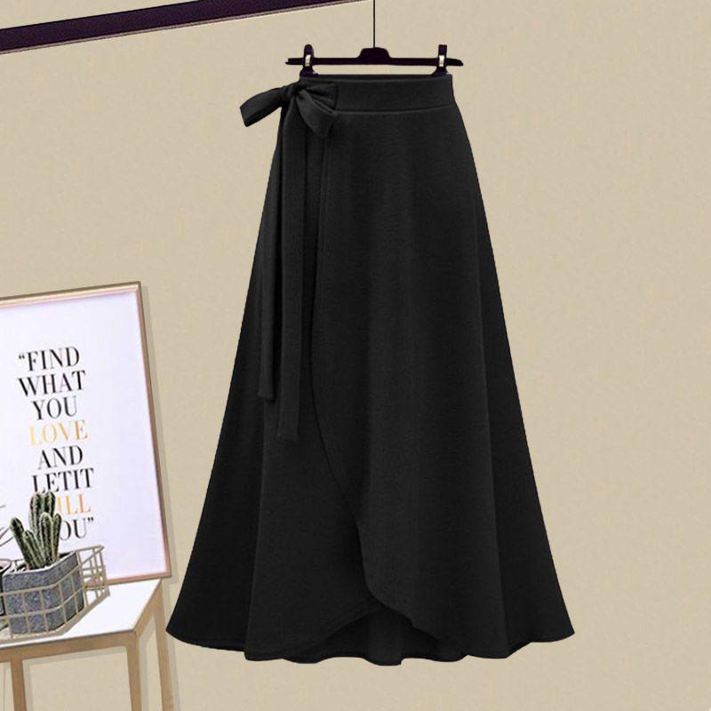 2026 Spring Plus Size Women's Sweet Bow Top & Skirt Set - Black & Green