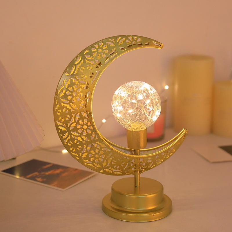 Drehbare LED-Schmiedeeisen-Mond- und Sternenlampe – Dekoratives Schreibtischornament im nahöstlichen Stil.