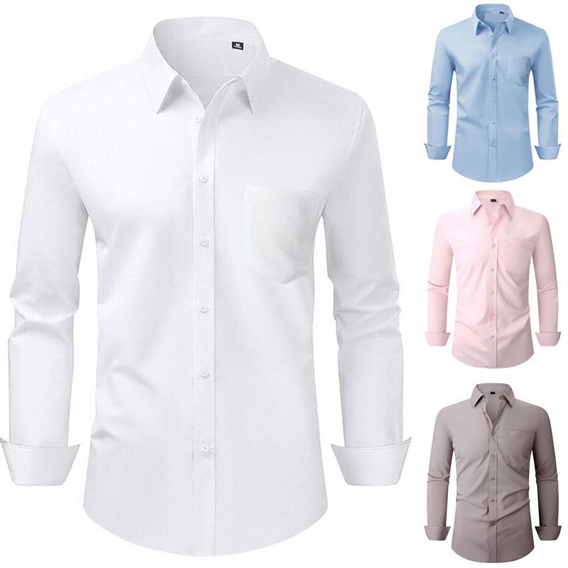 Men's High-End Long-Sleeve Stretch Dress Shirt - European & American Sizes, Solid Color Business Casual Top