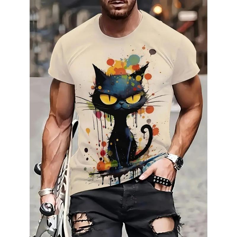 Letní pánské tričko s krátkým rukávem Zvířecí potisk Ležérní oversized svetr s výstřihem Móda Streetwear Pánské oblečení Kočičí trička