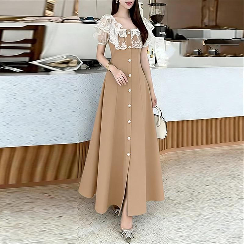 ZANZEA Women Lace Patchwork Round Neck Casual Short Sleeve Long Dress