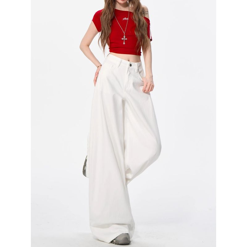 White Denim Jeans for Women, Plus Size, Summer Thin High-Waisted Loose Fit, Slimming Floor-Length Pants for Plus-Size Girls, Drapey Wide-Leg Pants