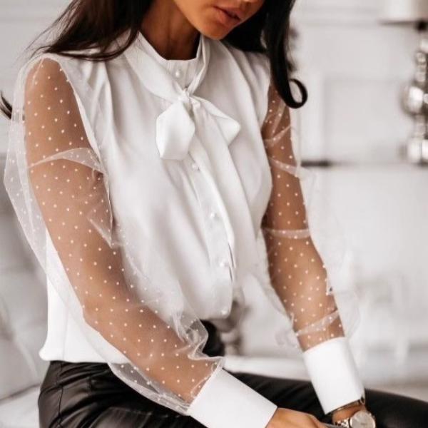 Dámská košile s dlouhým rukávem, elegantní nová slim košile s krajkovým prošíváním, módní síťované prošívání, knoflíky, mašle, ležérní, volný střih, univerzální látka