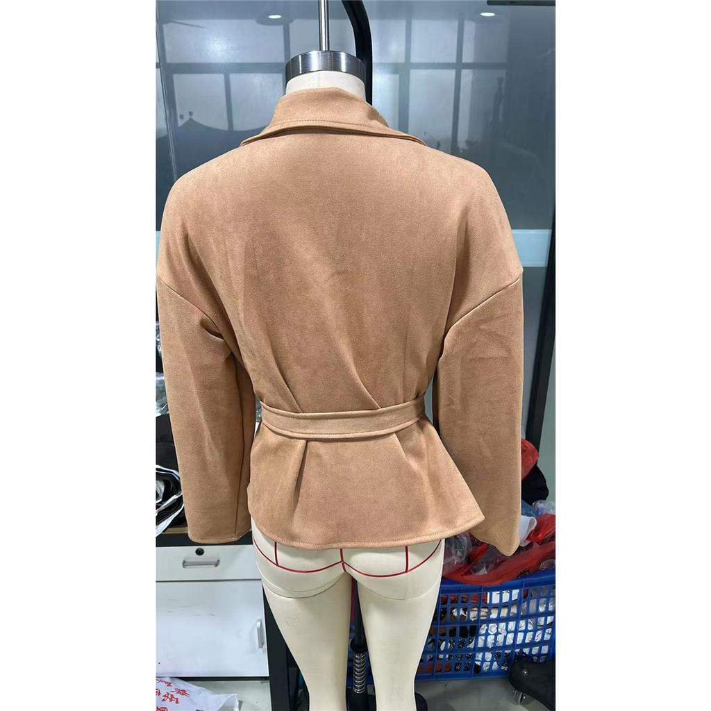 Damen Kunstwildleder Kurze Jacke Reverskragen Wickel vorn Mit Gürtel an der Taille Langärmelig Lässig Locker Oberbekleidung Mantel