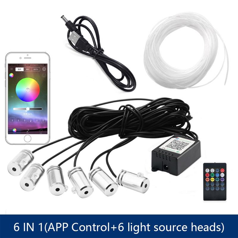 6 in 1 LED Atmosphere Car Light RGB Flexible Decorative Lamp 8M Interior Ambient Light by App Control Fiber Optic Strips Light