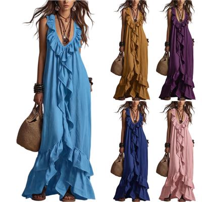 Women Casual Bohemian Maxi Dress V Neck Short Sleeve Ruffle Trim Vintage Style Loose Fit Summer Beach Dress