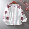 Ethnic Style Embroidered Lantern Sleeve Plus Size Cotton Linen Shirt