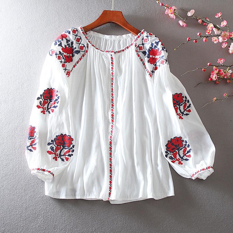 Ethnic Style Embroidered Lantern Sleeve Plus Size Cotton Linen Shirt