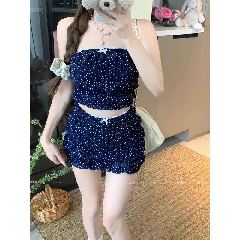 

Набор Кумикуми Гяру Женский Бант В горошек Топ-труба Летняя Юбка с высокой талией Юбка из двух частей Blue Tube Top L