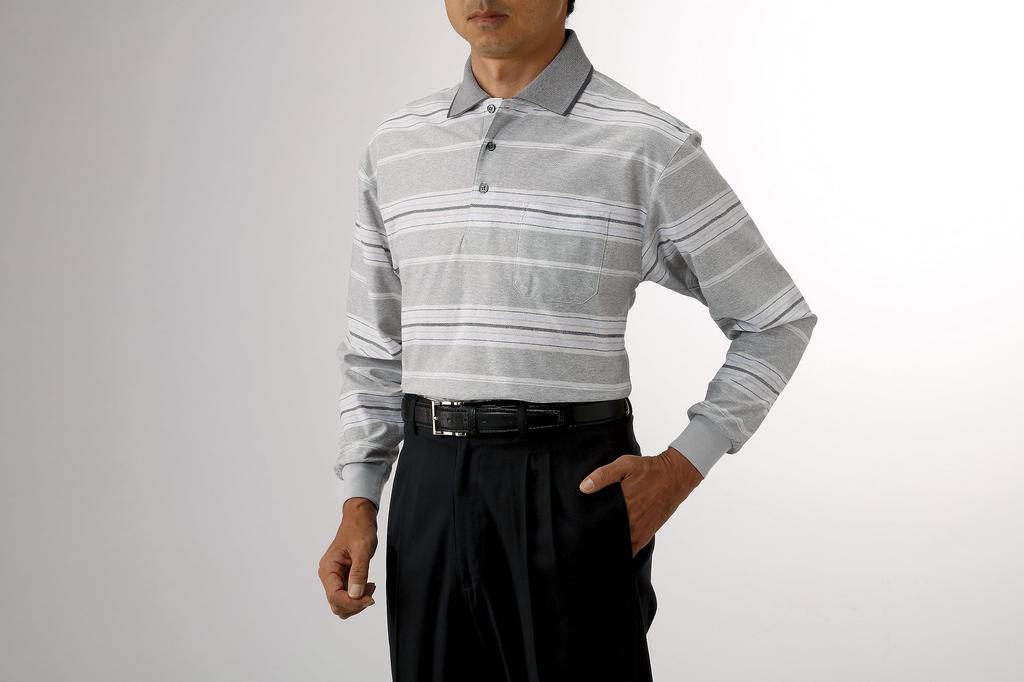 Polo Long Cotton Made in Blue [Little Island] Men's Shirt, L, Sleeve, Jacquard, Blend, Japan, Large, Stretch, Border, Cool, Father's Top, Knit, MEN,