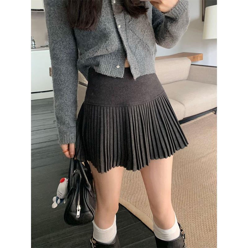 Elegant Brown High-Waisted A-line Pleated Woolen Skirt - Women s Autumn/Winter Fashion Large темно-серого
