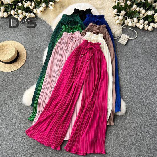 Pantaloni pentru femei cu talie înaltă elastică, cu șnur ajustabil, stil plisat, pantaloni largi, pantaloni casual de culoare solidă