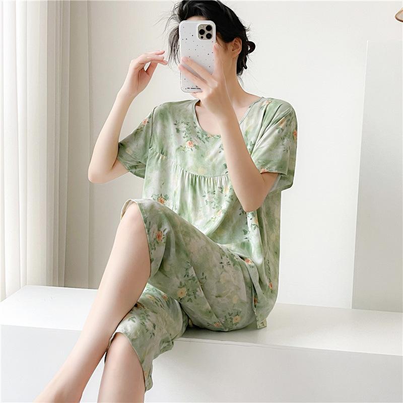 1011 Spring and Autumn Short Sleeve New Printed Pajama Set Summer Thin Sweet Floral Loose Loungewear