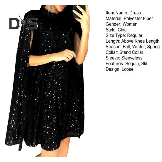Lady Sequin Dress Stand Collar Sleeveless Slit Design Shimmering Cocktail Party Dress Women Formal Occasion Mini Dress Celebrity Evening Dress