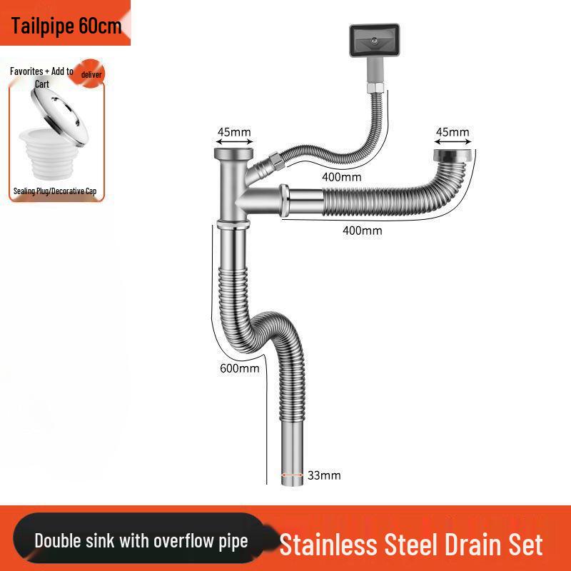 Stainless Steel Kitchen Sink Drain Pipe Set with Anti-Odor Features for Single or Double Sinks and Dishwasher Integration