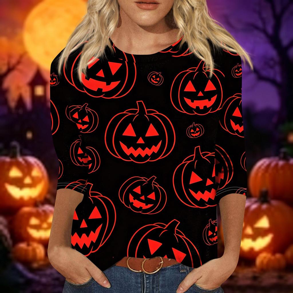 Women Casual Halloween Print Three Quarter Sleeve Round Neck Top Lightweight Comfortable Fit Fashionable Shirt for Everyday Wear