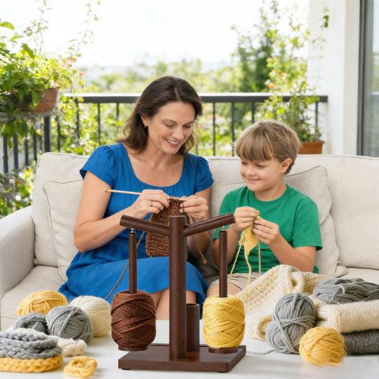 Wooden Yarn Holder Magnetic Rotating Yarn Spinner with 2 Spindles Yarn Dispenser with Phone Stand for Knitting And Crocheting