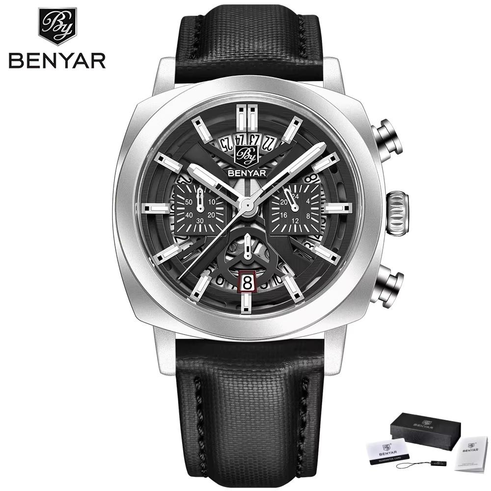 Benyar New 43mm Luminous Dial Men's Sports Quartz Watch Chronograph 50M Waterproof Business Wristwatch Relogios Masculino