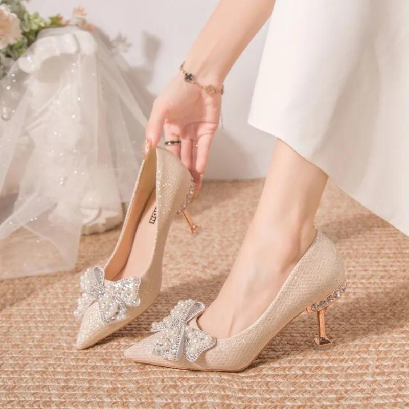 Fashion Wedding Bride Shoe Women's Shoes Pointed Toe Ladies Pumps Stilito with Bow High Heels on Heeled 2025 Trend Chic and Elegant 39