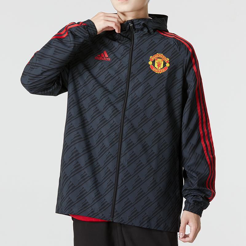 adidas Manchester United 3-Stripe DNA Windbreaker Men Hooded Soccer Jacket Black HE6650