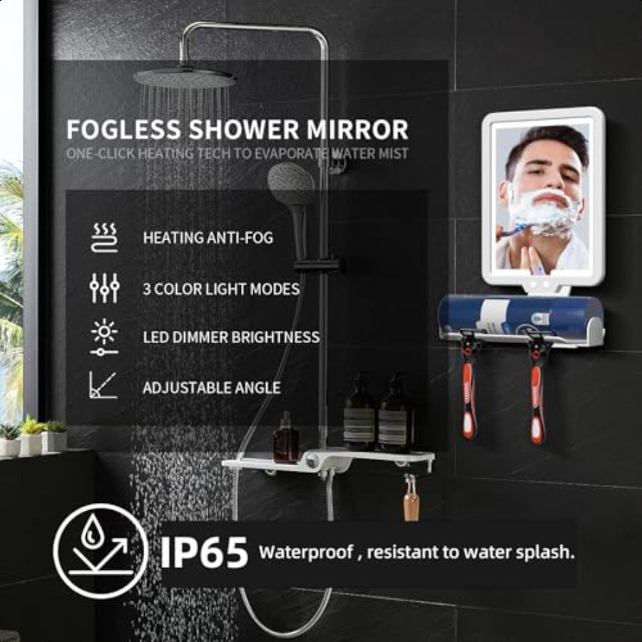 Lighted Shower Mirror Fogl for Shaving Heated Fog Free Large 9.57inch 3 Color Modes Dimming Shower Shaving Mirror with Light Re