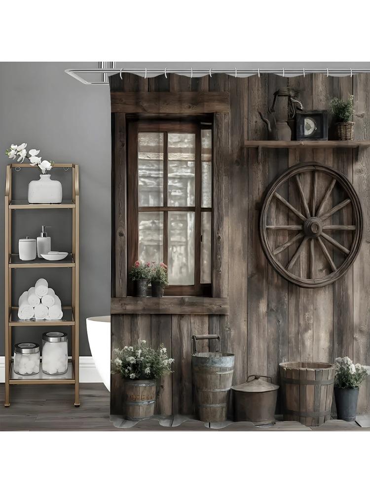 

Log Cabin Wheel Potting Tub Shower Curtain, Bathroom Decorative Shower Curtain, Waterproof Shower Curtain With Hooks W60H190(CM)-1 Pcs