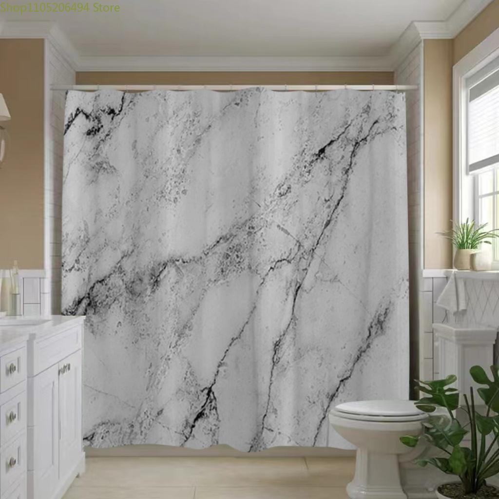 1pc Marble Pattern Shower Curtain, Home Decor Printed Curtain, No-Drill Bathroom Divider