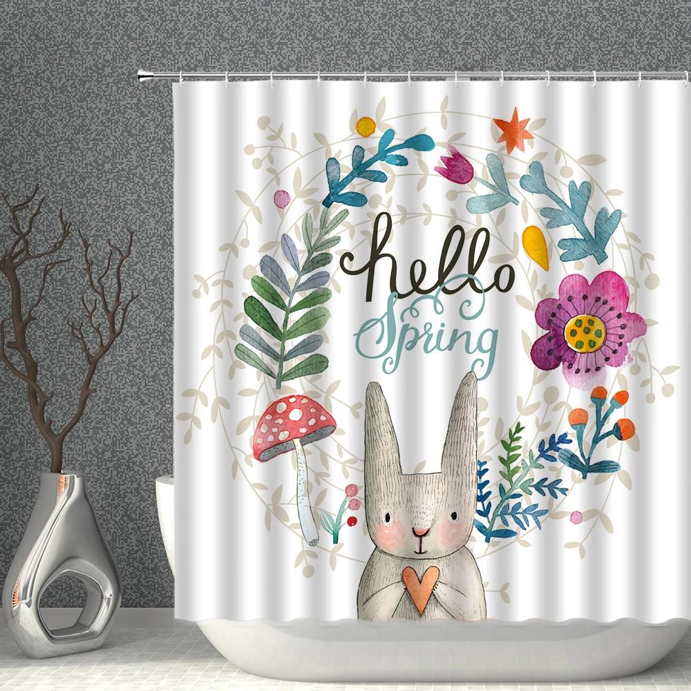 

Cute Cartoon Shower Curtain Waterproof Polyester Fabric Bear Rabbit Elephant Cat Penguin Household With Hooks Bathroom Screen W60H190(CM)-1 Pcs