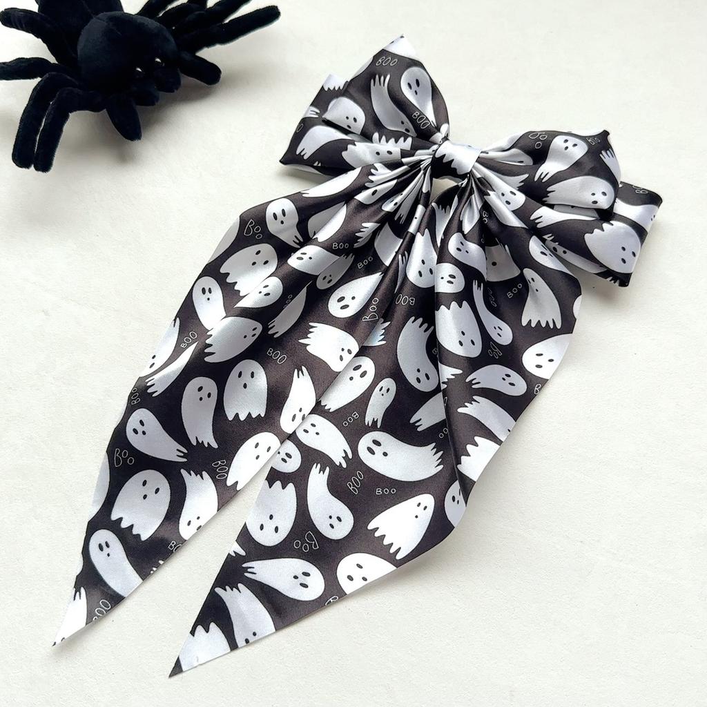 1pc Chic Halloween-Themed Bow Hair Clip - Black & White with Spooky Ghosts & Pumpkins Design, Silky Polyester