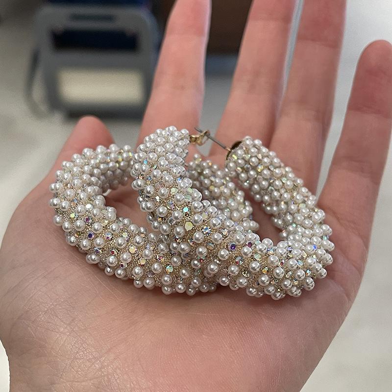 Light Luxury, Exaggerated Rice Beads, Exquisite Shiny Pearls, Exaggerated Large Hoop Earrings, Versatile Women's Earrings