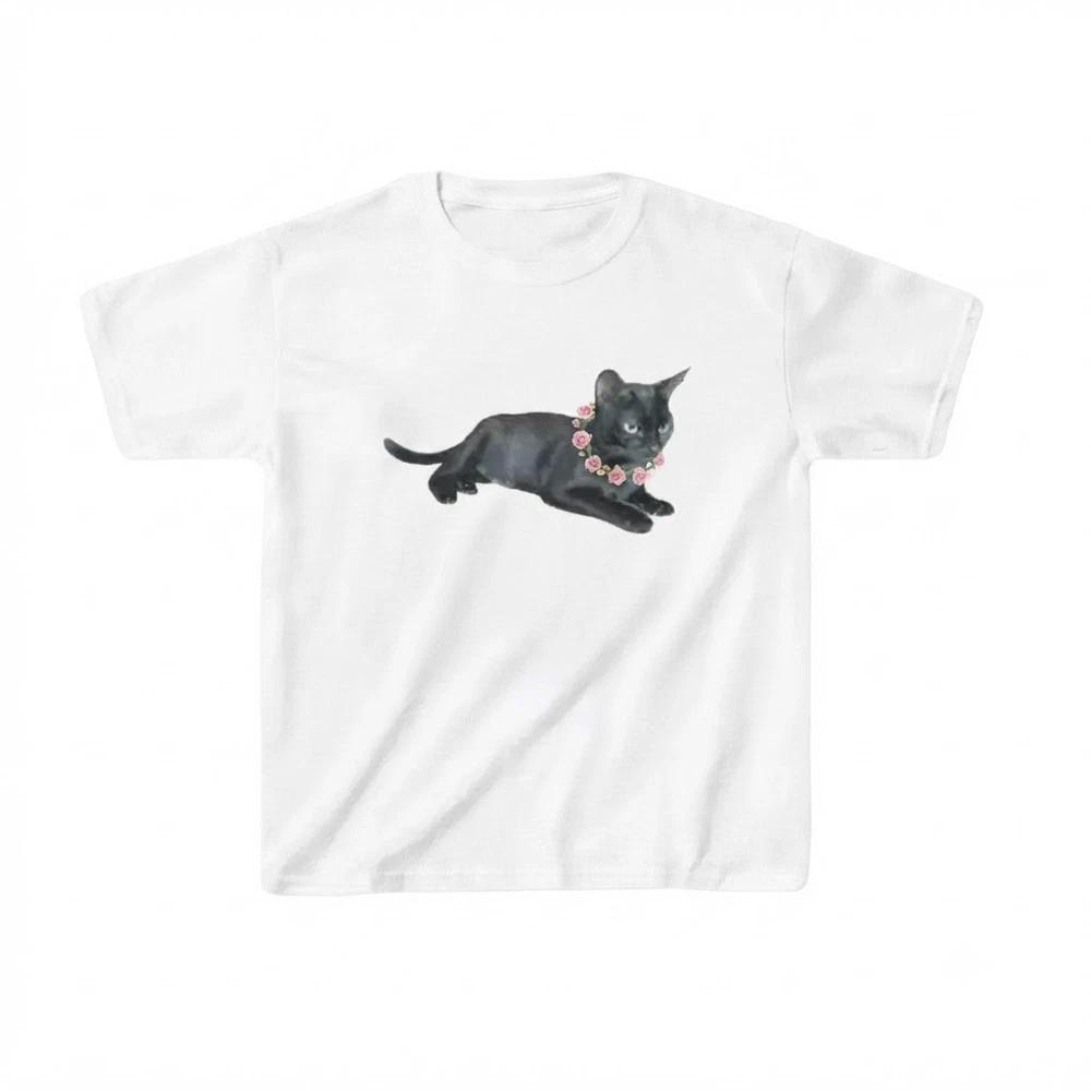 Black Cat Coquette Cat White TShirt S