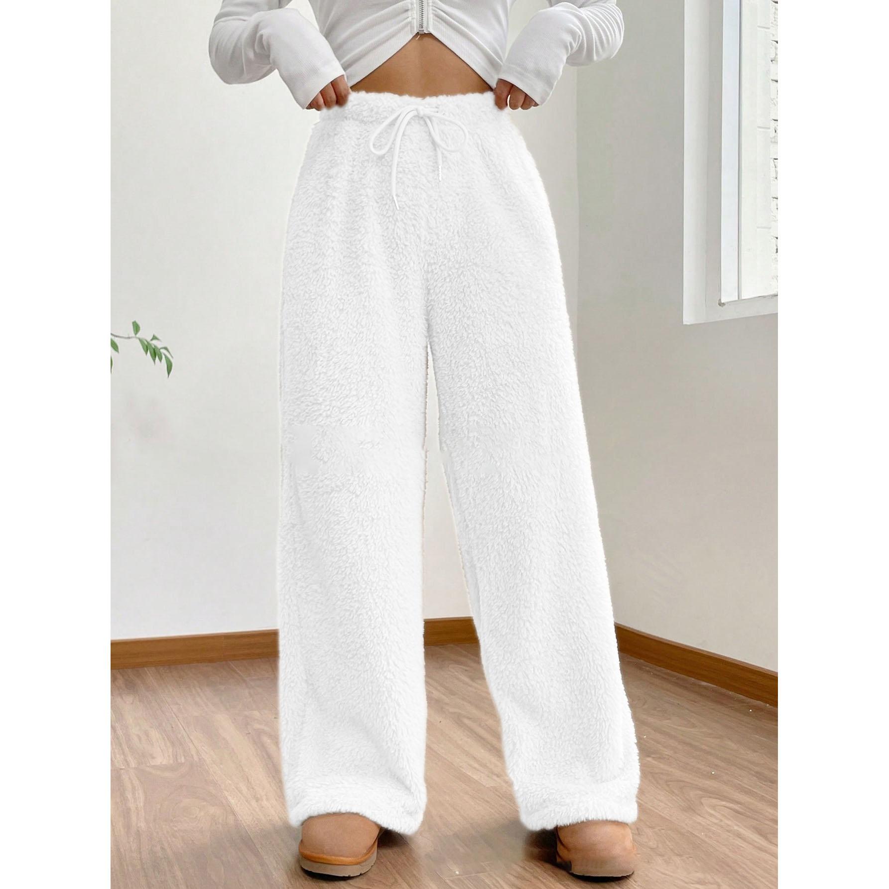 

Women s Trousers Autumn Winter Streetwear Fashion Drawstring Casual Slim Pants Solid Versatile Warm Trousers Female Clothing XXXL білий