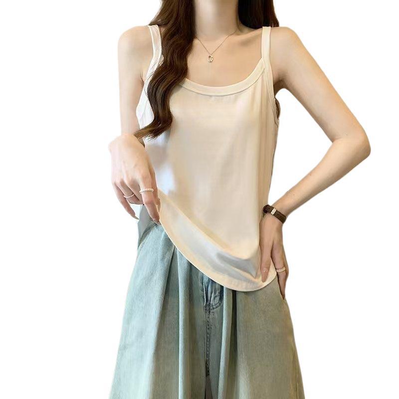 Slightly Chubby MM Summer Ice Silk Camisole Set: White Vest Top with Armpit Coverage