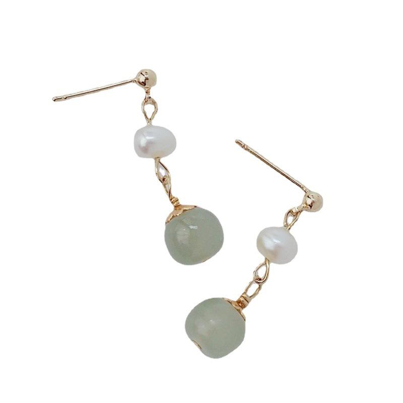 Hetian Green Jade Pearl Earrings14K Gold-plated Earrings with Hetian Jade7*8mm Classic Minimalist Elegant Earrings