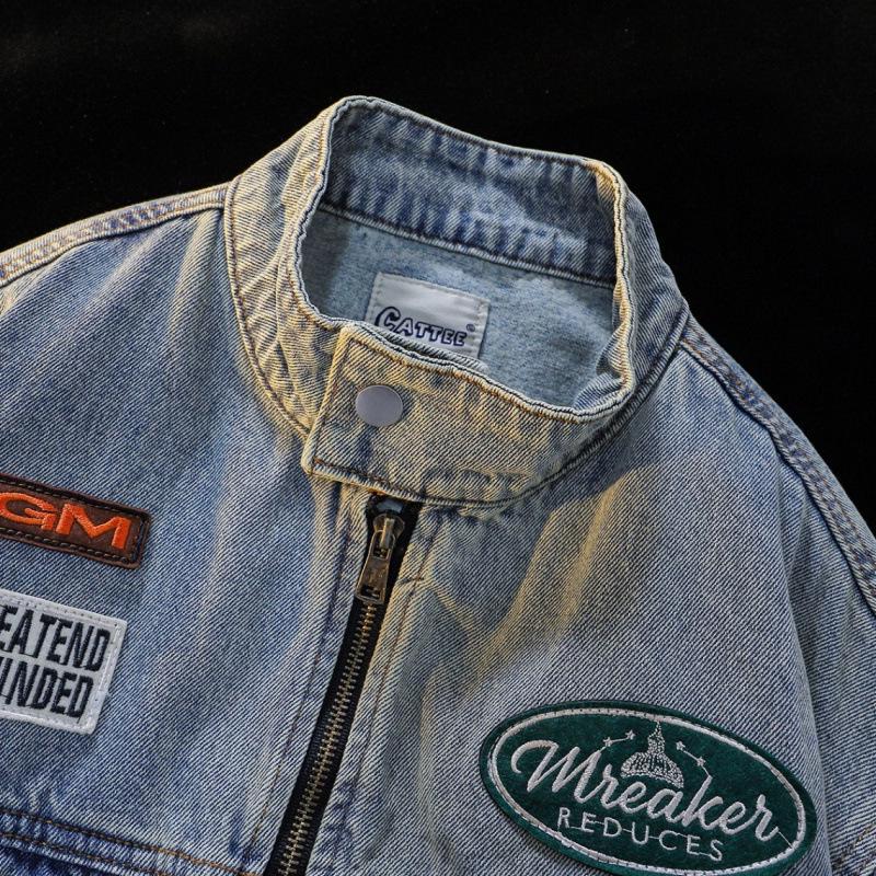American High Street Vintage Denim Jacket - Unisex, Washed & Distressed, Autumn Trendy, Loose Fit, Casual Motorcycle Style