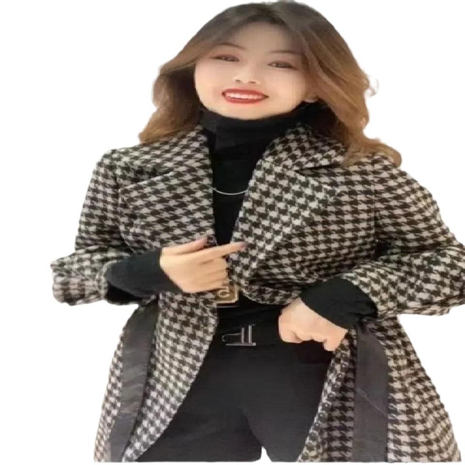Woolen coat women's 2024 autumn new thousand bird grid coat medium and long waist thin meat cover tie bow