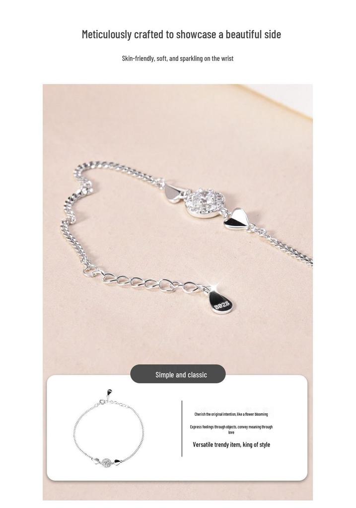 S925 Sterling Silver Diamond & Heart Rhinestone Bracelet: Elegant, Simple, Versatile Gift for Women