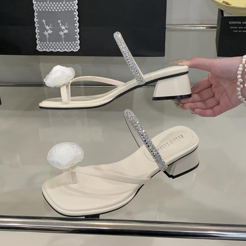 

Сказочный ветрозащитный верх с квадратным носком, квадратный каблук, крутые шлепанцы для носки летом, со стразами, с цветком, квадратный носок, женские шлепанцы на толстом каблуке, на высоком каблуке 40 бежевый