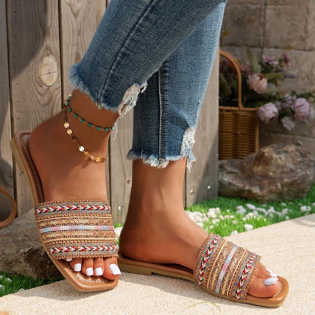 Summer Bohe Color Flat Sandals Popula  Open Toe Outdoor Slippers Beach Women's Shoes Plus Size Zapatos De Mujer Slides
