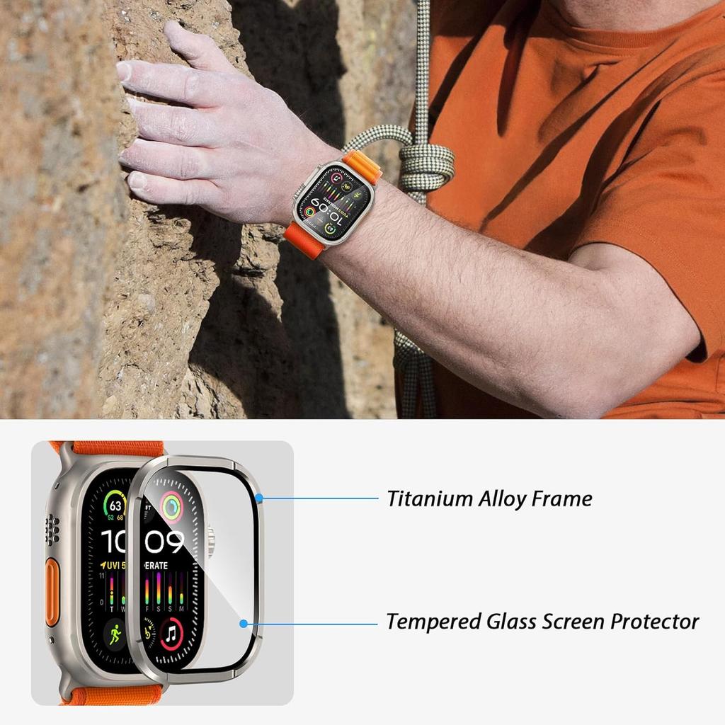 Amizee 2 Pack Metal Case Compatible with Apple Watch Ultra/Ultra 2 Screen Protector Case 49mm with Tempered Glass, Metal Frame Built In HD Glass