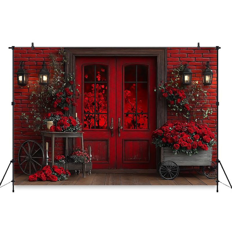 Mocsicka Valentine's Day Photo Background Rose Love Heart Flower Red Bricks Wall Door Decorations Wedding Backdrop Studio Banner