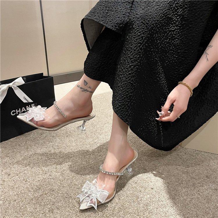 High heels fairy wind 2024 summer fashion outer wear pointed rhinestone square buckle transparent word with stiletto slippers