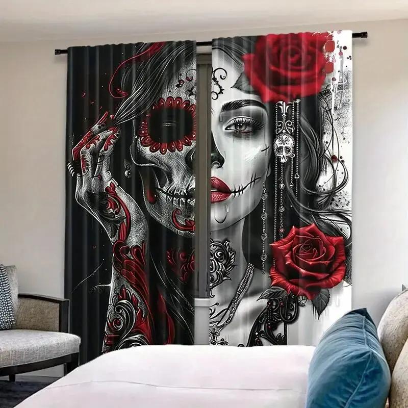 Set Of 2 Gothic Skeletons Red Roses Printed Curtains Pole Bag Bedroom Living Room Home Decoration Curtain For Area Made Polyester