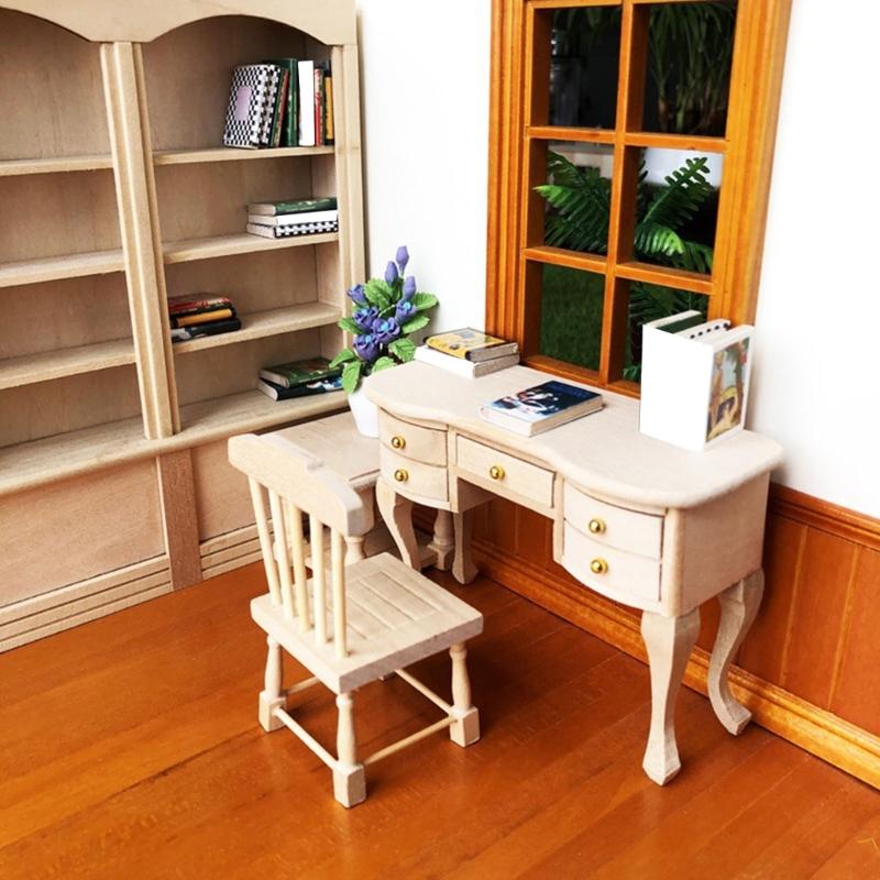 Modern Mini Desk And Chair Dollhouses Accessories 1/12 Scale Zakka Wooden Furniture For Craft Projects And Display