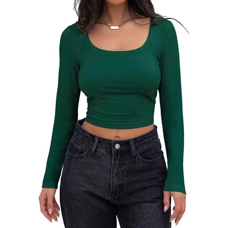 Podzimní Krátké tričko Slim Fit Žena Jednobarevné Dlouhý rukáv Sexy Dámské tričko se čtvercovým výstřihem Módní Dámské Ležérní Pletené trička Topy 30288