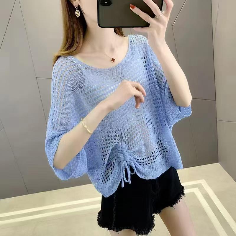 Hollow top knitted sweater women's summer bat-sleeved blouse loose short drawstring mesh shirt with suspenders